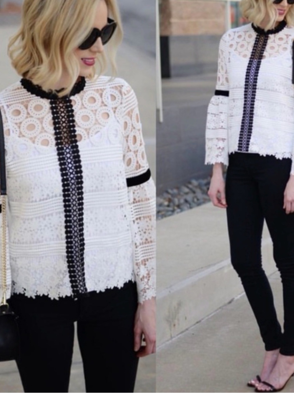 Chicwish White Lace Blouse with Black Trim